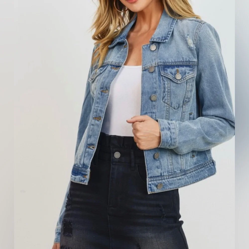 New Jean Jacket Distressed Medium Wash Denim Jacket S M L Blue 100% Cotton - Picture 3 of 3